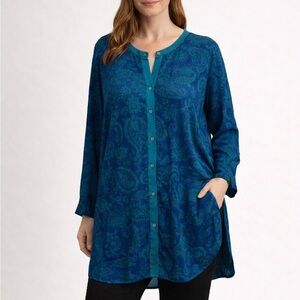 Harvé Bernard Teal Paisley Tunic Blouse L Long Sleeve Button Up Y2K Lagenlook